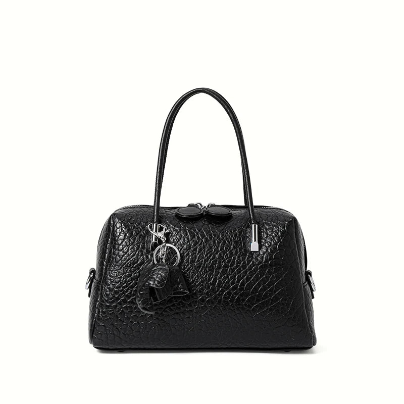 Black Textured Leather Satchel Handbag with Charm
