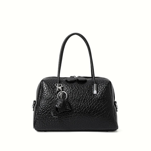 Black Textured Leather Satchel Handbag with Charm