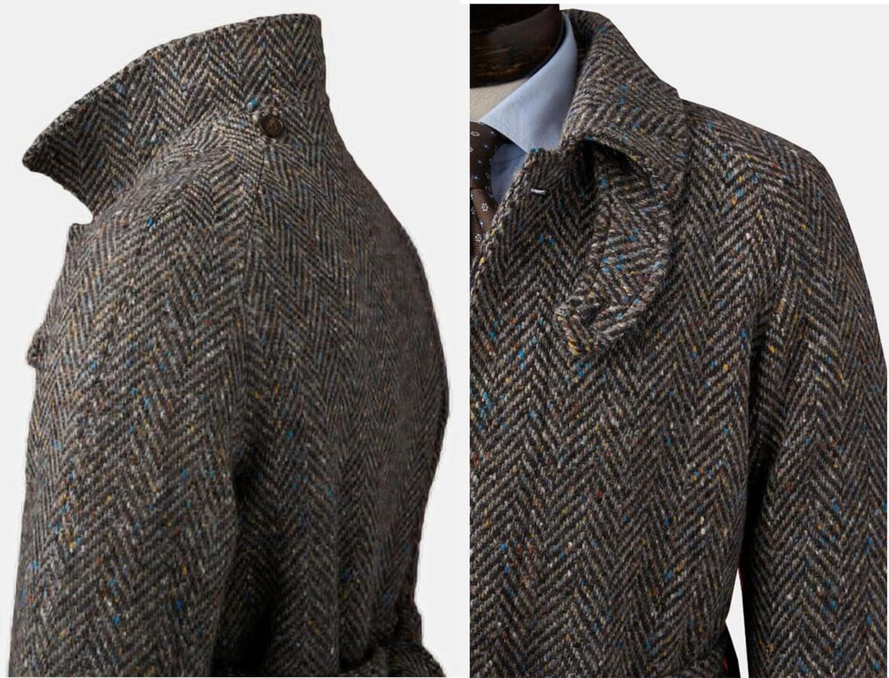 Men'S Vintage Herringbone Overcoat Wool Blend Long Top Coat Warm Winter Blazer