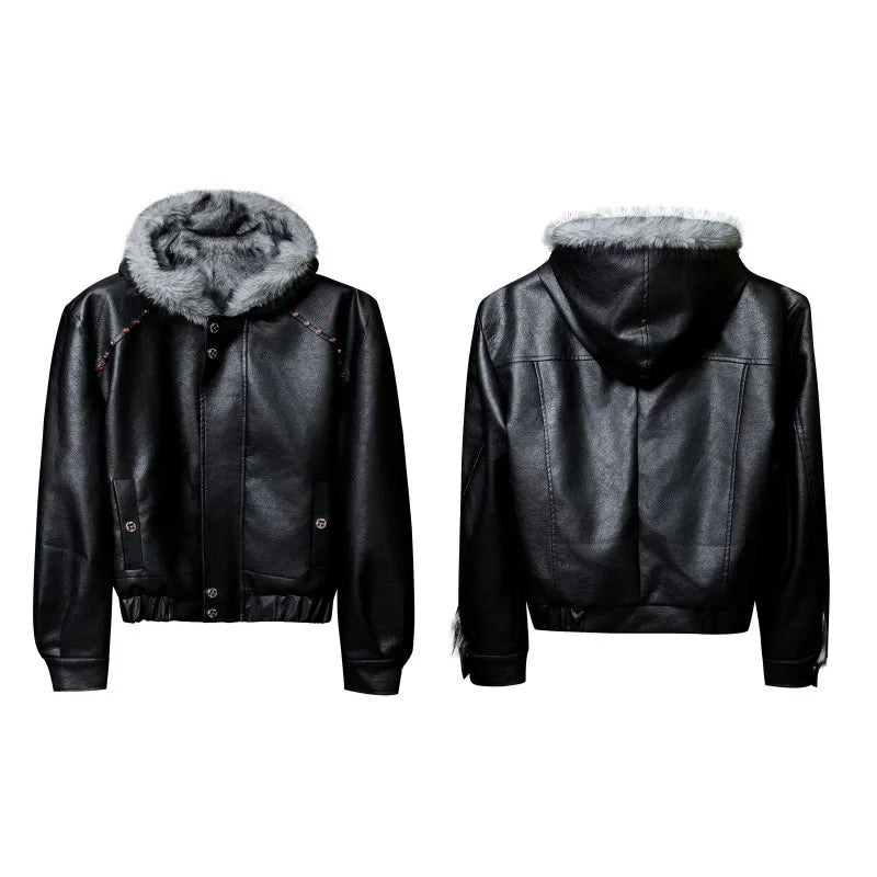Men Reversible PU Leather Jacket Solid Color Gothic Style Overcoat Fleece Thick Loose Hooded Short Jackets Zipper Warm Male Coat