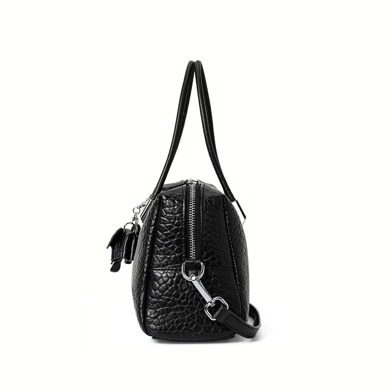 Black Textured Leather Satchel Handbag with Charm