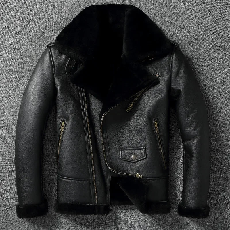 LNY Shop.Super Men Cool Motor Genuine Leather Jacket.Cool Winter Warm 100% Real Fur Coat.Rider Thick Wool Wear.Shearling