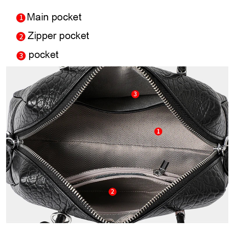 Black Textured Leather Satchel Handbag with Charm