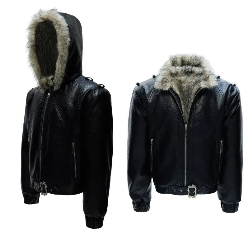 Men Reversible PU Leather Jacket Solid Color Gothic Style Overcoat Fleece Thick Loose Hooded Short Jackets Zipper Warm Male Coat