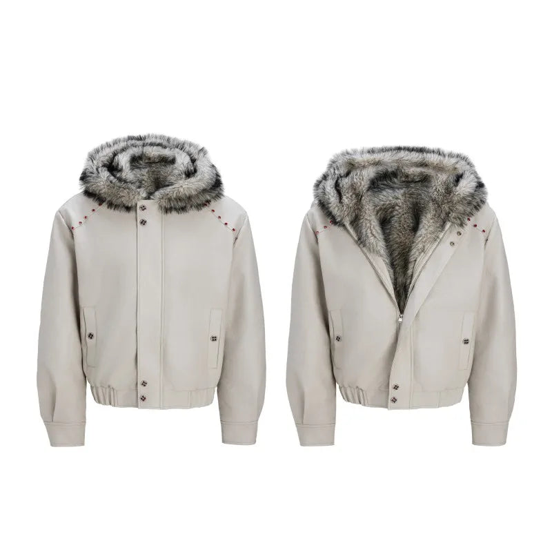Men Reversible PU Leather Jacket Solid Color Gothic Style Overcoat Fleece Thick Loose Hooded Short Jackets Zipper Warm Male Coat