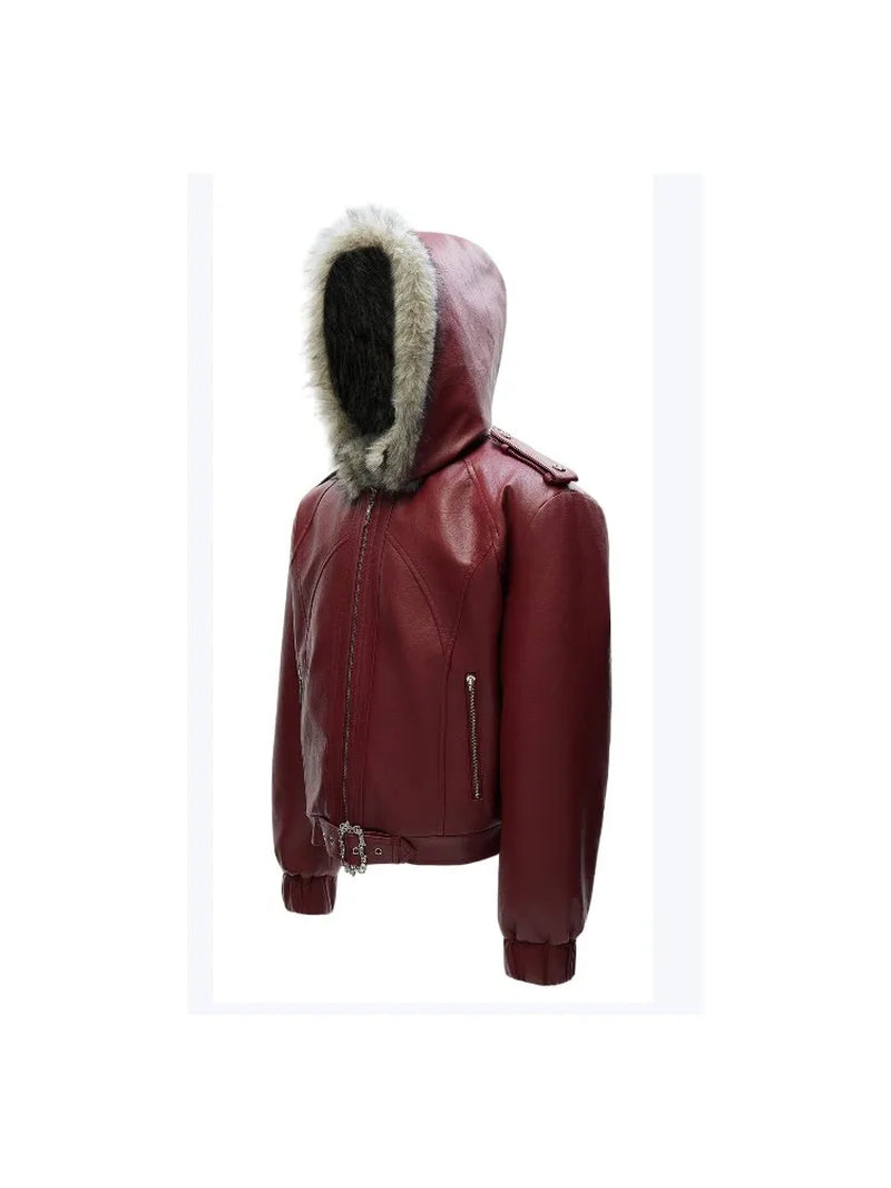 Men Reversible PU Leather Jacket Solid Color Gothic Style Overcoat Fleece Thick Loose Hooded Short Jackets Zipper Warm Male Coat
