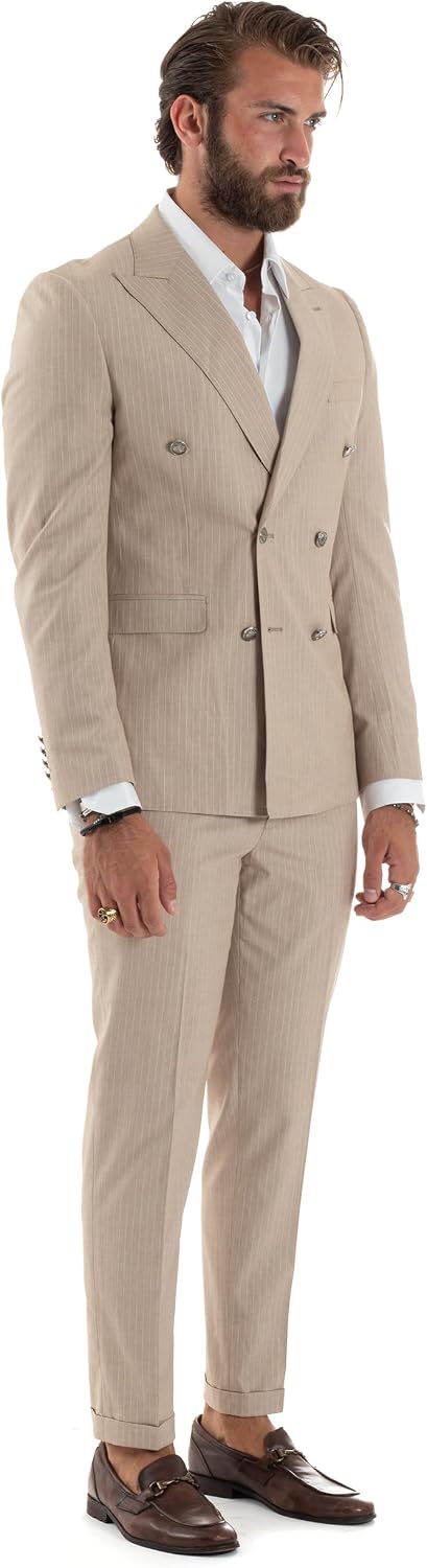Abito Uomo Doppiopetto Vestito Completo Rigato Elegante Sartoriale Giacca Pantaloni Bottoni Metallo Fantasia Gessata Vari Colori