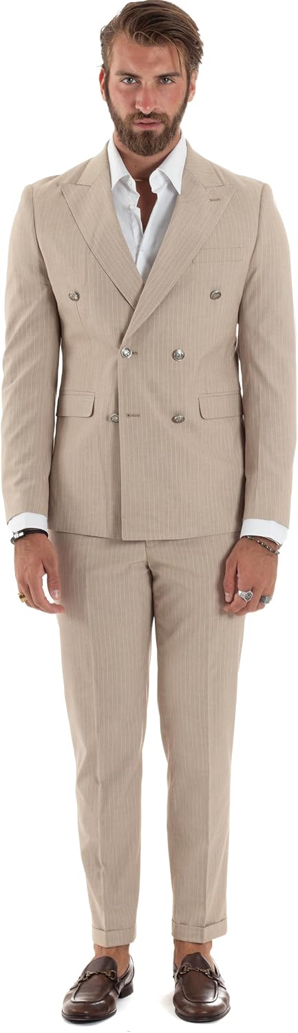 Abito Uomo Doppiopetto Vestito Completo Rigato Elegante Sartoriale Giacca Pantaloni Bottoni Metallo Fantasia Gessata Vari Colori