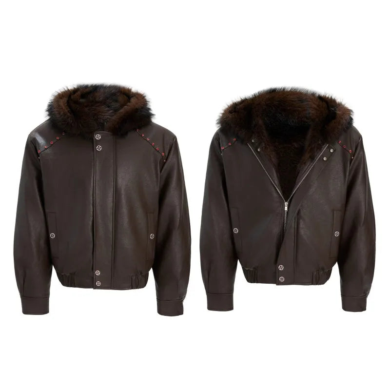 Men Reversible PU Leather Jacket Solid Color Gothic Style Overcoat Fleece Thick Loose Hooded Short Jackets Zipper Warm Male Coat