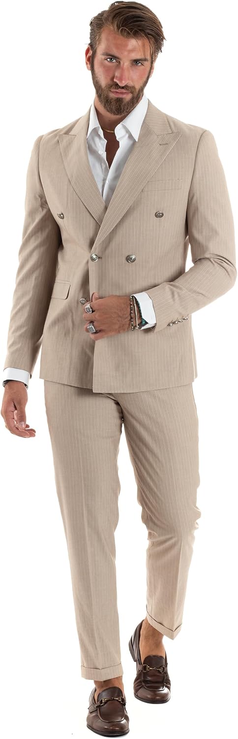 Abito Uomo Doppiopetto Vestito Completo Rigato Elegante Sartoriale Giacca Pantaloni Bottoni Metallo Fantasia Gessata Vari Colori