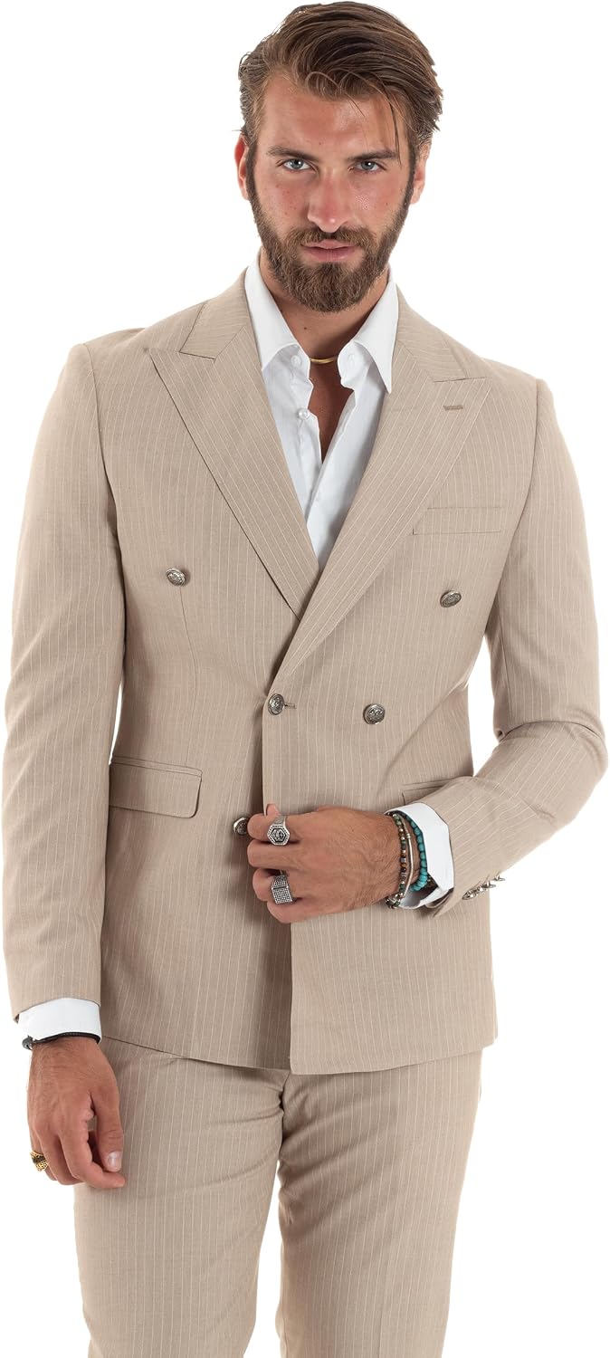 Abito Uomo Doppiopetto Vestito Completo Rigato Elegante Sartoriale Giacca Pantaloni Bottoni Metallo Fantasia Gessata Vari Colori