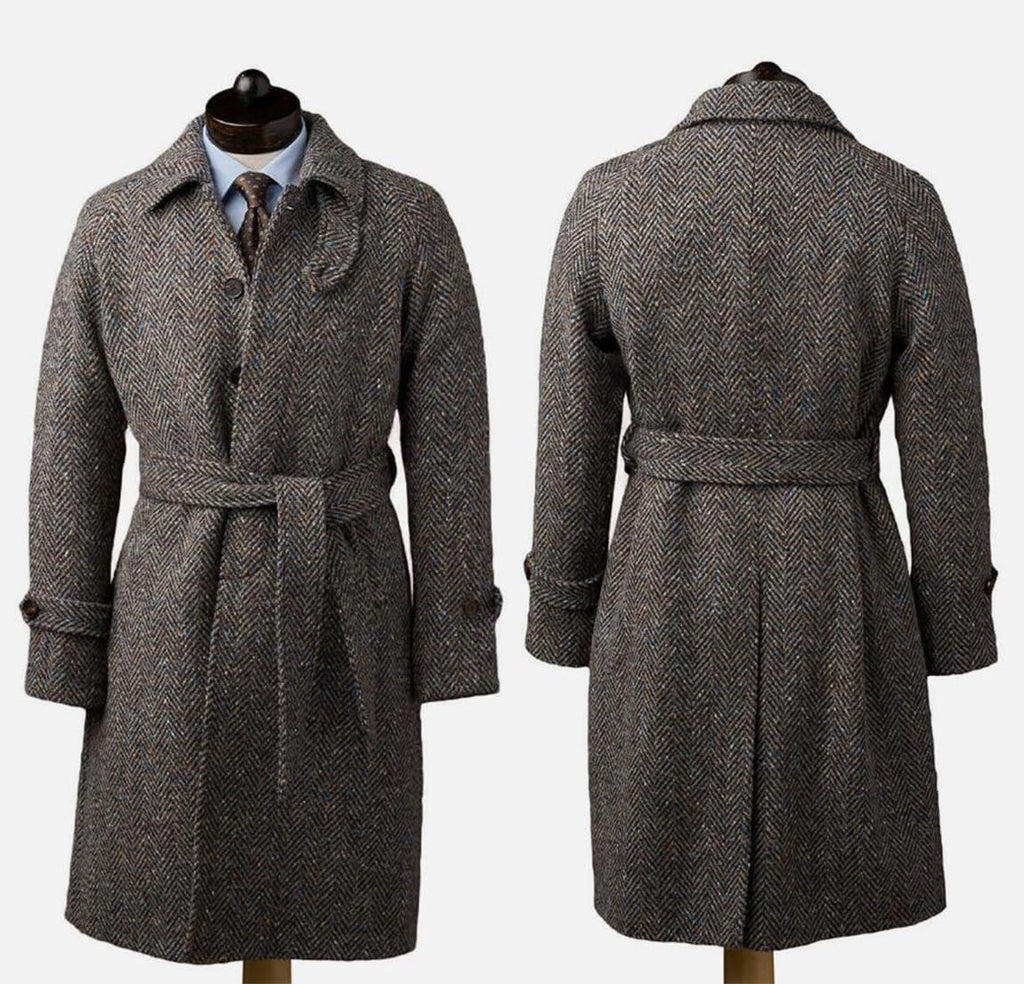 Men'S Vintage Herringbone Overcoat Wool Blend Long Top Coat Warm Winter Blazer