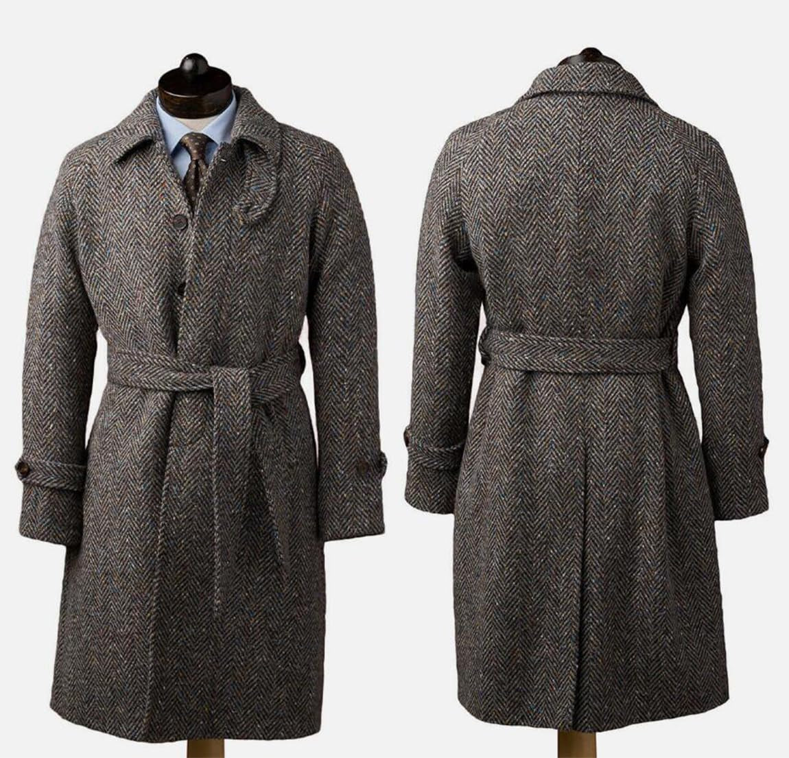 Men'S Vintage Herringbone Overcoat Wool Blend Long Top Coat Warm Winter Blazer