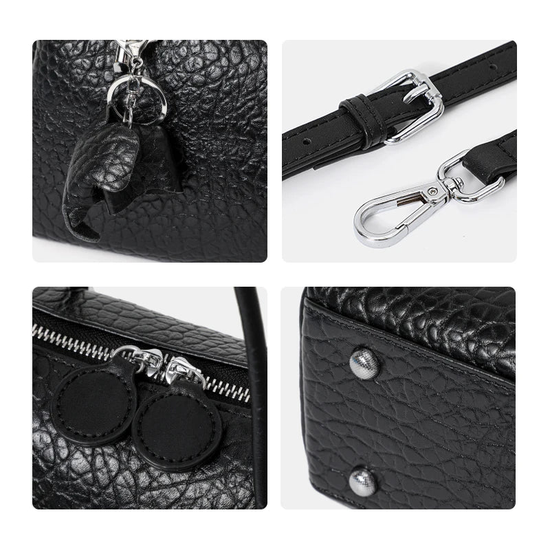 Black Textured Leather Satchel Handbag with Charm