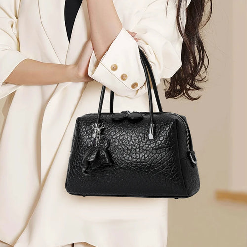 Black Textured Leather Satchel Handbag with Charm