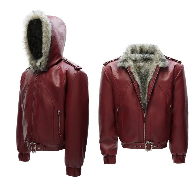 Men Reversible PU Leather Jacket Solid Color Gothic Style Overcoat Fleece Thick Loose Hooded Short Jackets Zipper Warm Male Coat