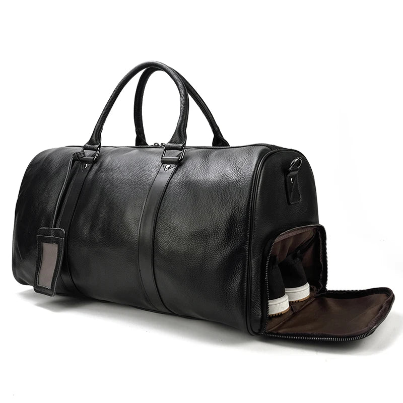 Natural Cow Skin Travel Bags Waterproof Men'S Leather Overnight Bags Hand Luggage Men Male Weekend Bag Business Man 55Cm