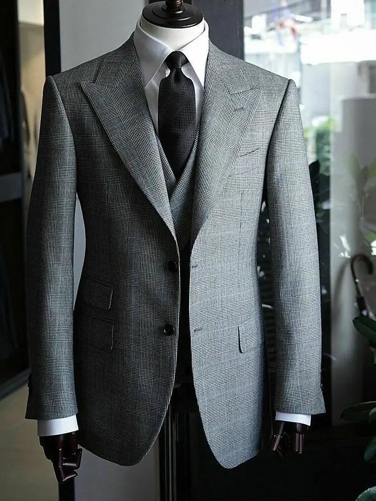 2022 Check Men'S Suits Lattice Slim Fit Business Wedding Groom Formal Tuxedo Blazer with Vest 2 Pieces