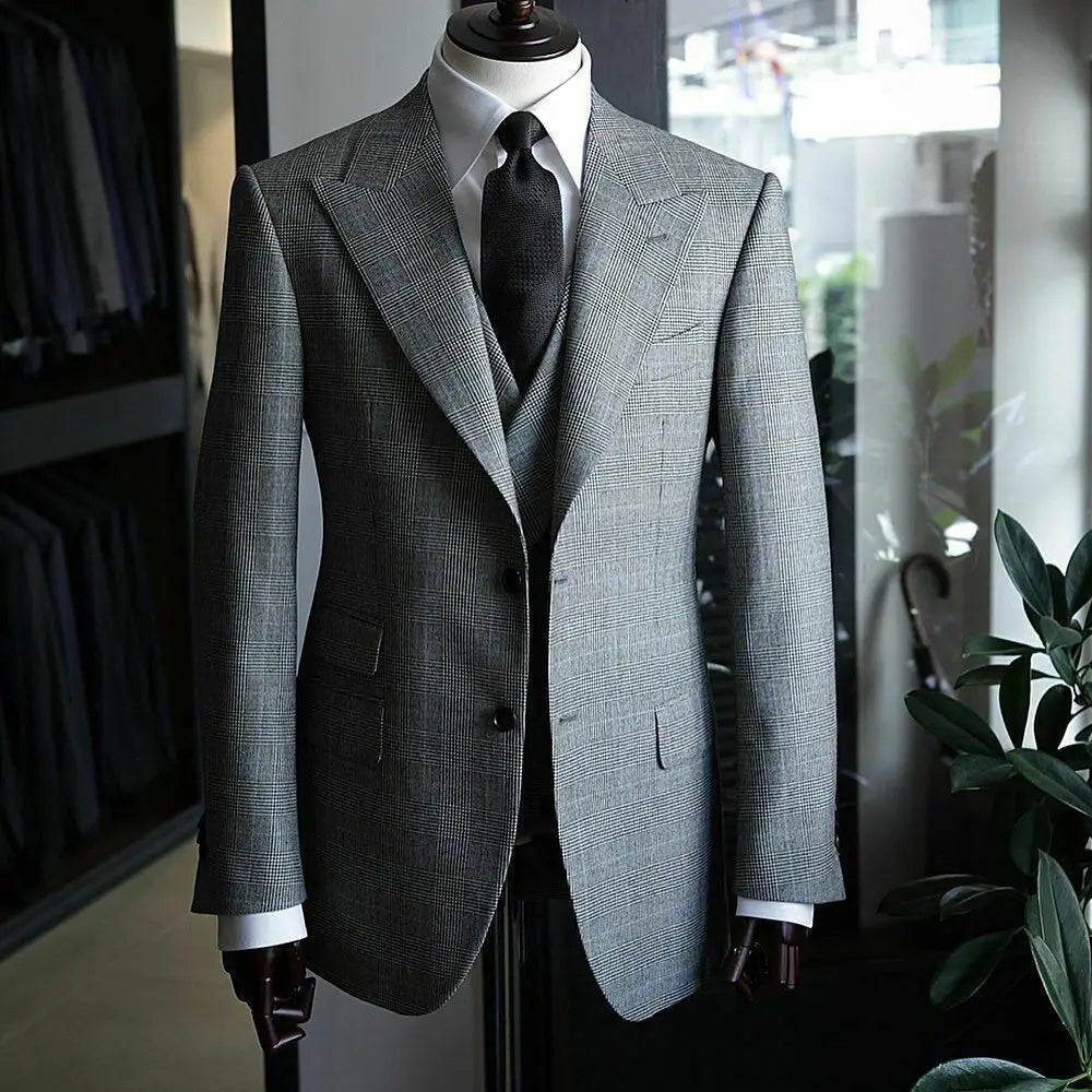 2022 Check Men'S Suits Lattice Slim Fit Business Wedding Groom Formal Tuxedo Blazer with Vest 2 Pieces