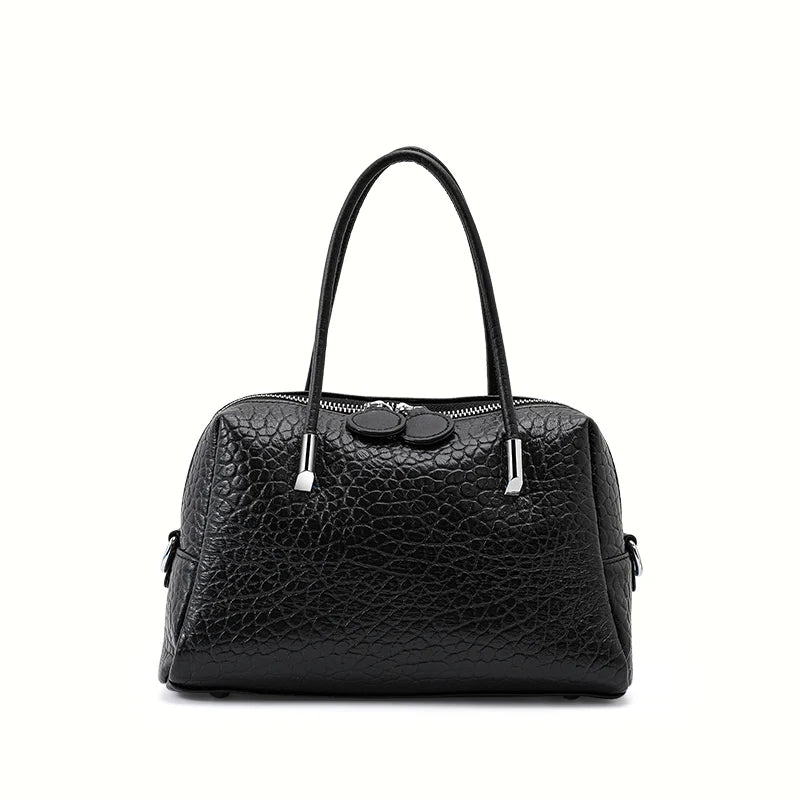 Black Textured Leather Satchel Handbag with Charm