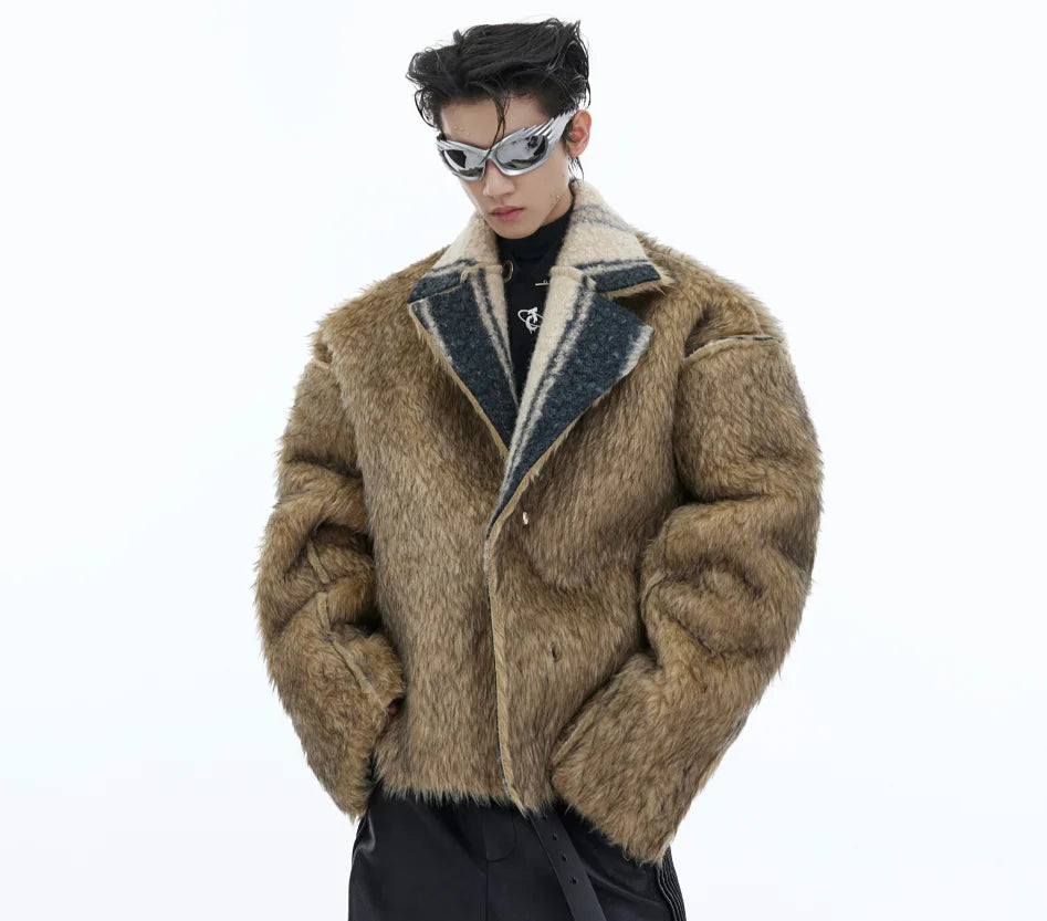 High Street Retro Mink Wear Fur Double Coat Men'S Large Collar Contrasting Colors Cashmere Wool Double-Sided Short Jacket