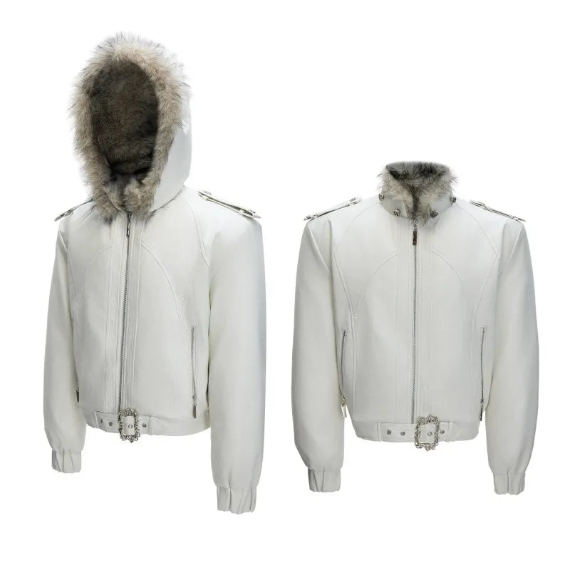 Men Reversible PU Leather Jacket Solid Color Gothic Style Overcoat Fleece Thick Loose Hooded Short Jackets Zipper Warm Male Coat