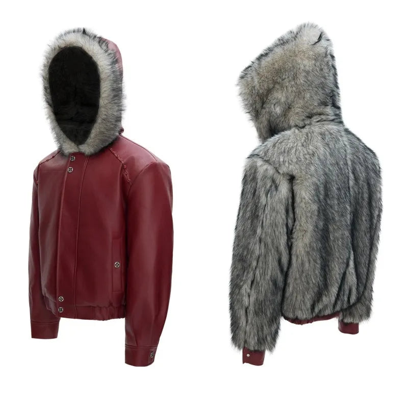 Men Reversible PU Leather Jacket Solid Color Gothic Style Overcoat Fleece Thick Loose Hooded Short Jackets Zipper Warm Male Coat