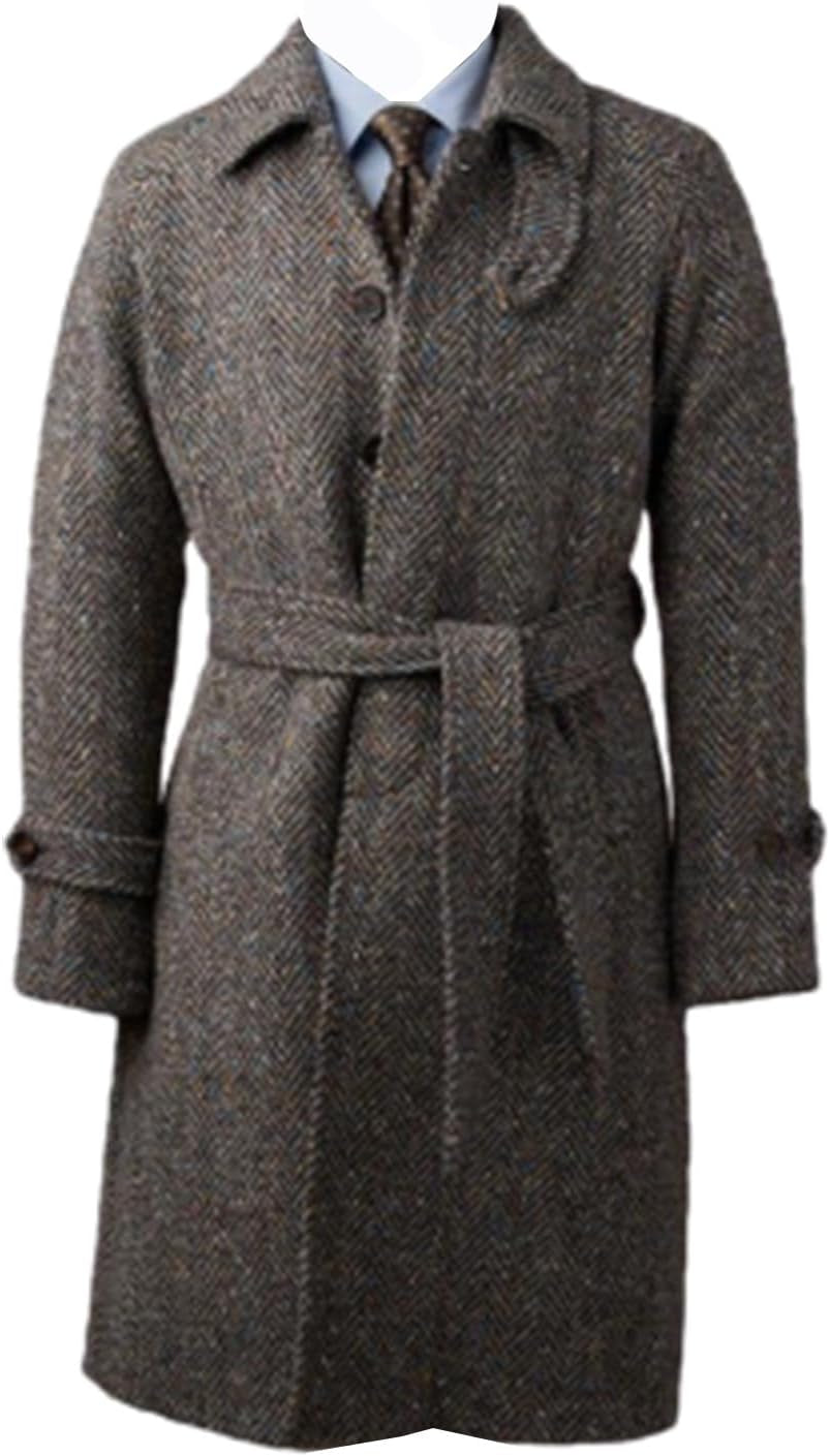 Men'S Vintage Herringbone Overcoat Wool Blend Long Top Coat Warm Winter Blazer